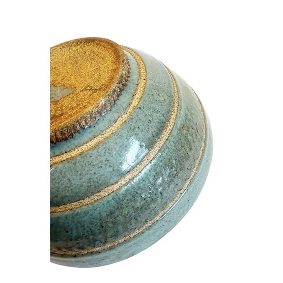 Hand Thrown Art Pottery Bowl Bluish Green Glaze w/Rings Artist Signed Multi Use - Picture 13 of 16